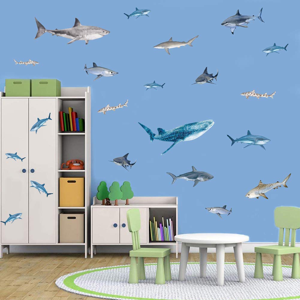 IARTTOP Ocean Animal Shark Wall Decal, Under The Sea Marine Life Theme Sticker for Kids Room Bathroom Nursery Undersea Fishes Wall Art Decor (35Pcs)