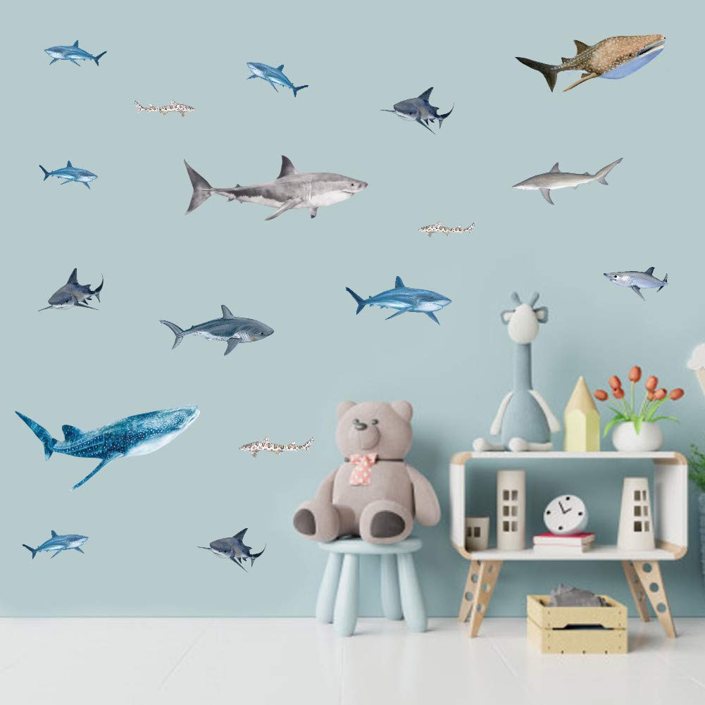 IARTTOP Ocean Animal Shark Wall Decal, Under The Sea Marine Life Theme Sticker for Kids Room Bathroom Nursery Undersea Fishes Wall Art Decor (35Pcs)