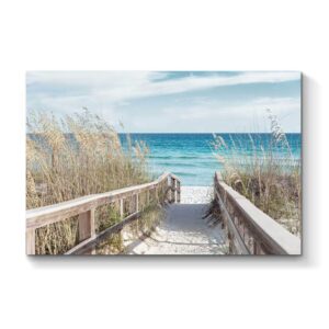 tar tar studio beach pathway canvas wall art: seascape painting seaside fence artwork picture print for living room (45''w x 30''h, multiple sizes)
