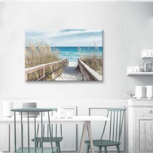 TAR TAR STUDIO Beach Pathway Canvas Wall Art: Seascape Painting Seaside Fence Artwork Picture Print for Living Room (45''W x 30''H, Multiple Sizes)