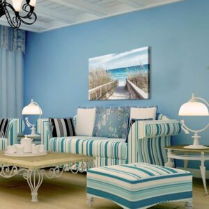 TAR TAR STUDIO Beach Pathway Canvas Wall Art: Seascape Painting Seaside Fence Artwork Picture Print for Living Room (45''W x 30''H, Multiple Sizes)