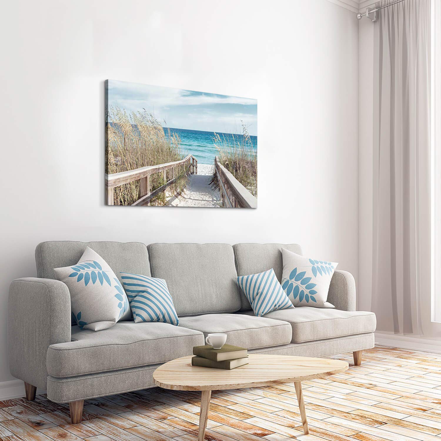 TAR TAR STUDIO Beach Pathway Canvas Wall Art: Seascape Painting Seaside Fence Artwork Picture Print for Living Room (45''W x 30''H, Multiple Sizes)