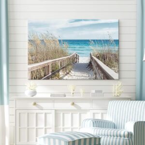 TAR TAR STUDIO Beach Pathway Canvas Wall Art: Seascape Painting Seaside Fence Artwork Picture Print for Living Room (45''W x 30''H, Multiple Sizes)