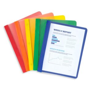 blue summit supplies assorted color plastic report covers with prongs, 3 prong clear front report cover for presentation, document, red, orange, yellow, green, blue, 25 pack