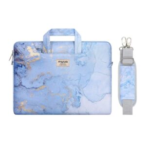 mosiso laptop shoulder bag compatible with macbook air 15 inch m2 a2941 2023/pro 16 inch 2023-2019/pro retina 15 a1398,15-15.6 inch notebook, watercolor marble sleeve with trolley belt, blue