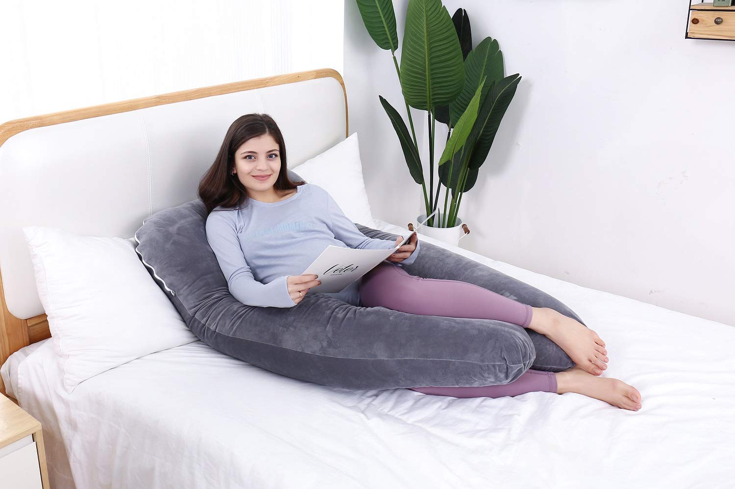 AS AWESLING Pregnancy Pillow, U Shaped Full Body Pillow, Nursing, Support and Maternity Pillow for Pregnant Women with Removable Velvet Cover (Grey)