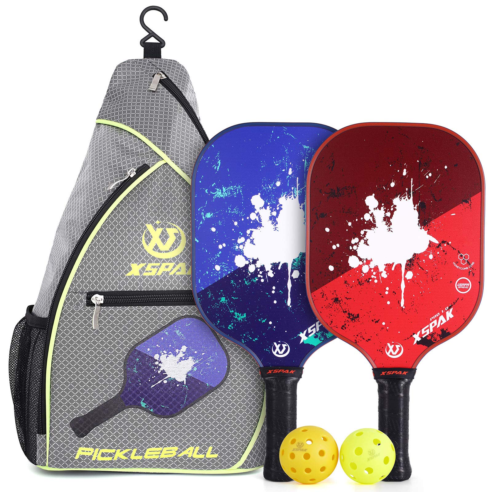 XS XSPAK Pickleball Paddles Set of 2 with Bag, Premium Graphite Craft Pickleball Paddles Set Including Backpack,1 Indoor Balls and 1 Outdoor Balls,Lightweight Pickleball Rackets,Polymer Honeycomb Core