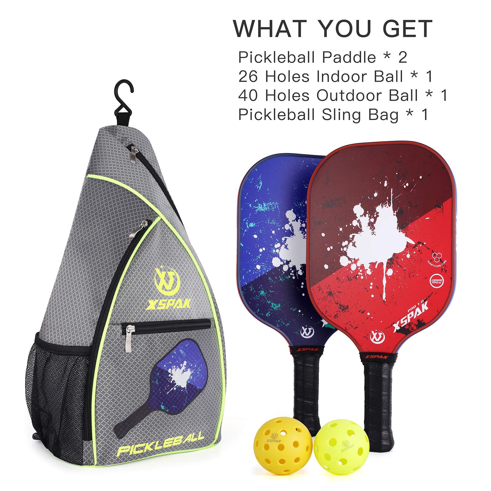 XS XSPAK Pickleball Paddles Set of 2 with Bag, Premium Graphite Craft Pickleball Paddles Set Including Backpack,1 Indoor Balls and 1 Outdoor Balls,Lightweight Pickleball Rackets,Polymer Honeycomb Core