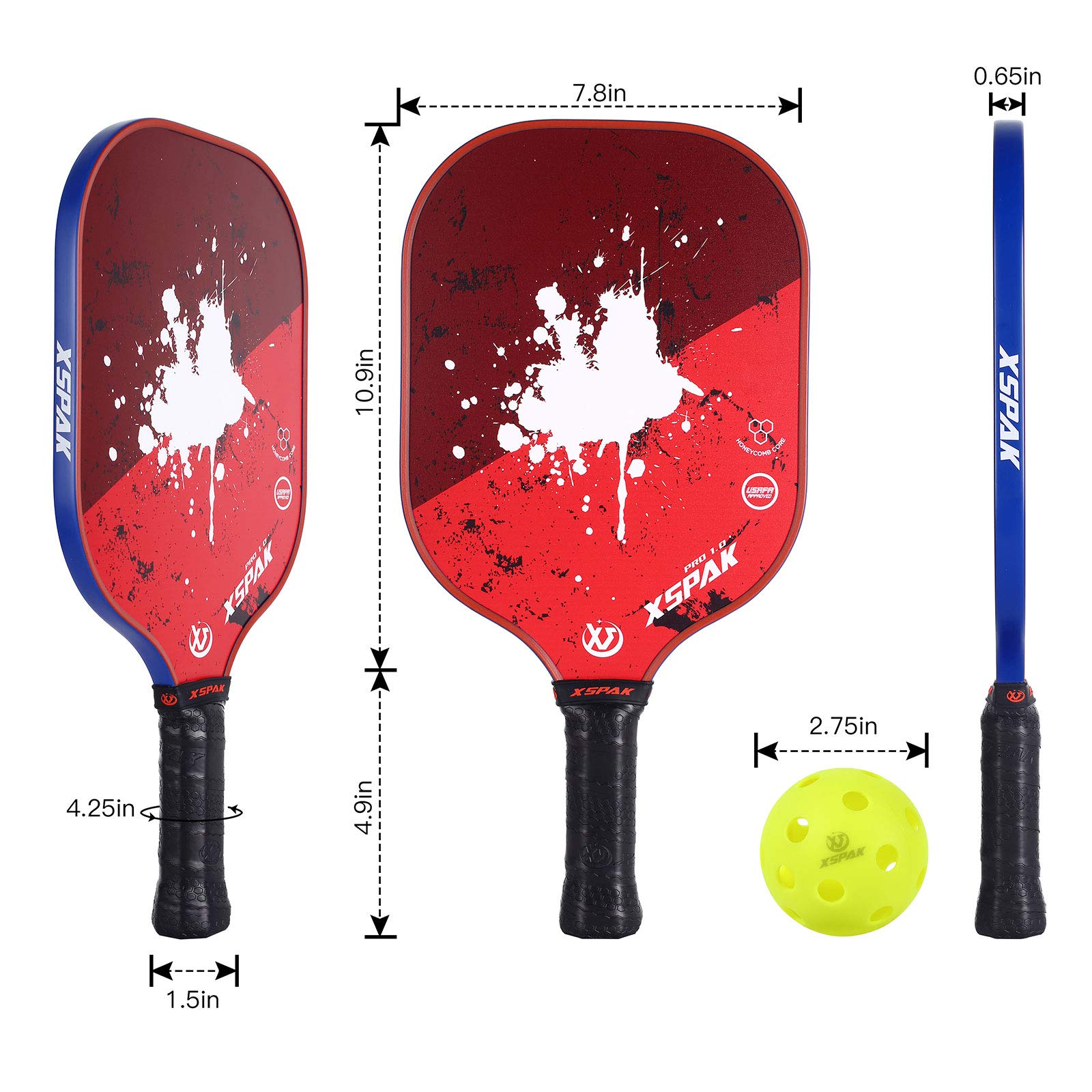 XS XSPAK Pickleball Paddles Set of 2 with Bag, Premium Graphite Craft Pickleball Paddles Set Including Backpack,1 Indoor Balls and 1 Outdoor Balls,Lightweight Pickleball Rackets,Polymer Honeycomb Core