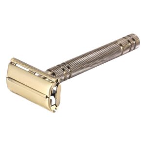 Yintal Double Edge Safety Razors,Classic Men Shaving Butterfly Open Razor - Bronze Long Handle Women Razors With 5 Blades,Reusable Metal Brass Manual Shaver Close Comb