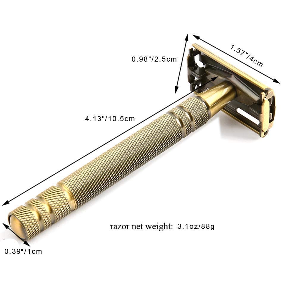 Yintal Double Edge Safety Razors,Classic Men Shaving Butterfly Open Razor - Bronze Long Handle Women Razors With 5 Blades,Reusable Metal Brass Manual Shaver Close Comb