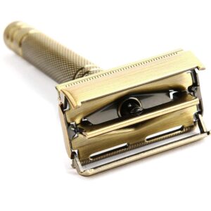 Yintal Double Edge Safety Razors,Classic Men Shaving Butterfly Open Razor - Bronze Long Handle Women Razors With 5 Blades,Reusable Metal Brass Manual Shaver Close Comb