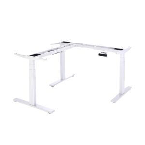 vwindesk vj301 l shaped electric height adjustable standing corner desk frame only w/triple motor, ergonomic sit stand up height adjustable steel base with digital memory keypad (white)