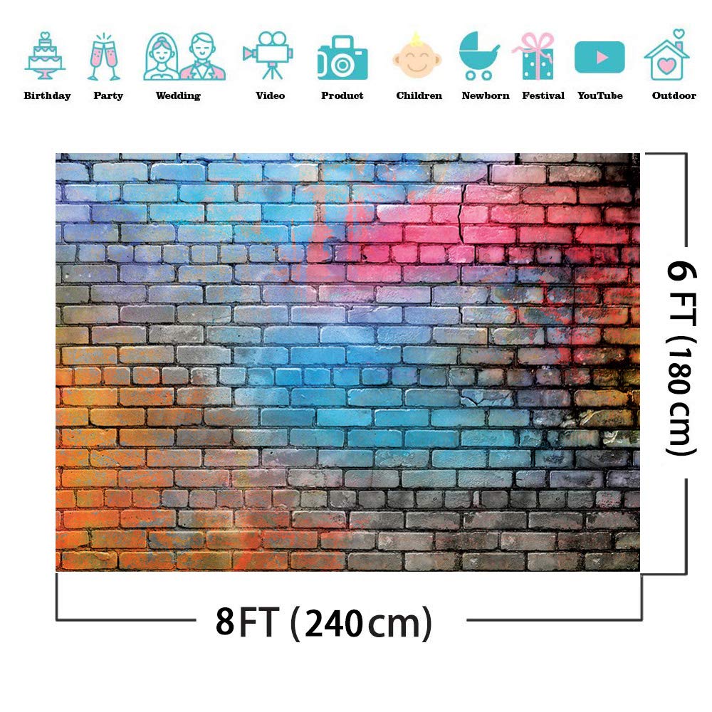 AIIKES 8x6FT Colorful Brick Wall Photo Backdrop 80's Hip Hop Disco Baby Birthday Wedding Graduation Themed Party Photography Background Fashion Decor Studio Photo Booth 11-502