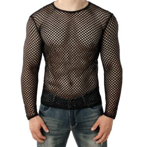 vowua men's mesh see through fishnet shirts muscle pullover long sleeves crew neck casual clubwear blouse black