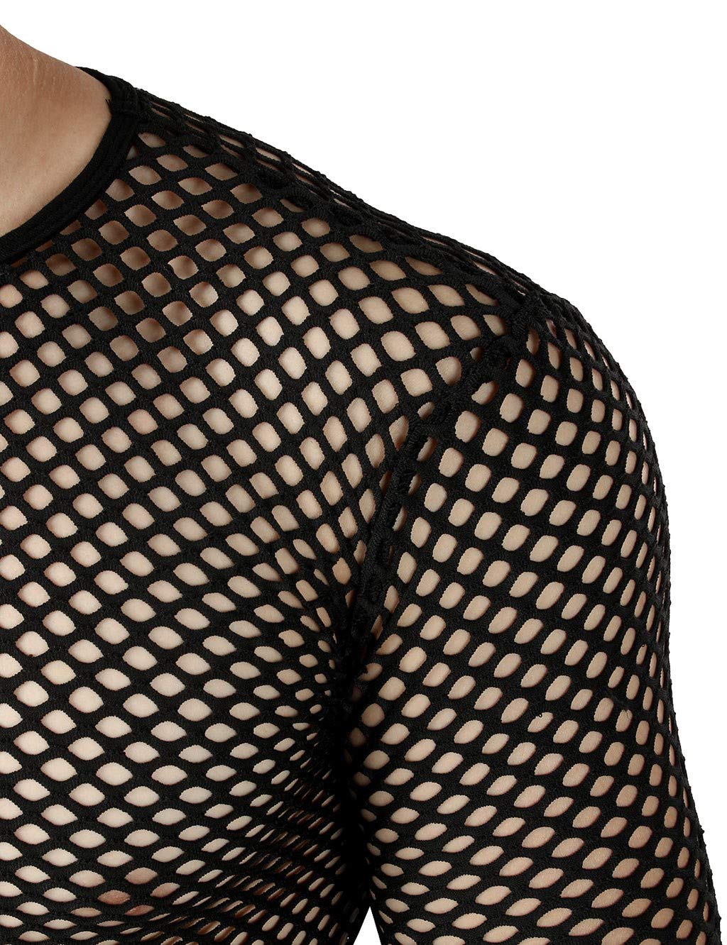 VOWUA Men's Mesh See Through Fishnet Shirts Muscle Pullover Long Sleeves Crew Neck Casual Clubwear Blouse Black