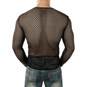 VOWUA Men's Mesh See Through Fishnet Shirts Muscle Pullover Long Sleeves Crew Neck Casual Clubwear Blouse Black