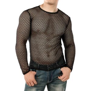 VOWUA Men's Mesh See Through Fishnet Shirts Muscle Pullover Long Sleeves Crew Neck Casual Clubwear Blouse Black