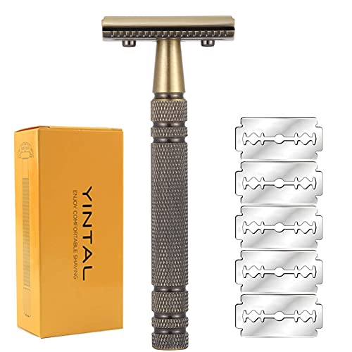 Double Edge Safety Razor Long Handle - Brass Bronze Blade Replaceable Razors,For Men Shaving Classic Razor,Reusable Metal Manual Shavers Close Comb