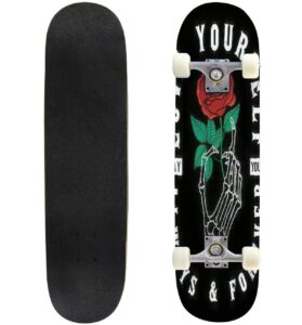 classic concave skateboard skeleton hand holding a red rose vector illustration for t shirt and longboard maple deck extreme sports and outdoors double kick trick for beginners and professionals