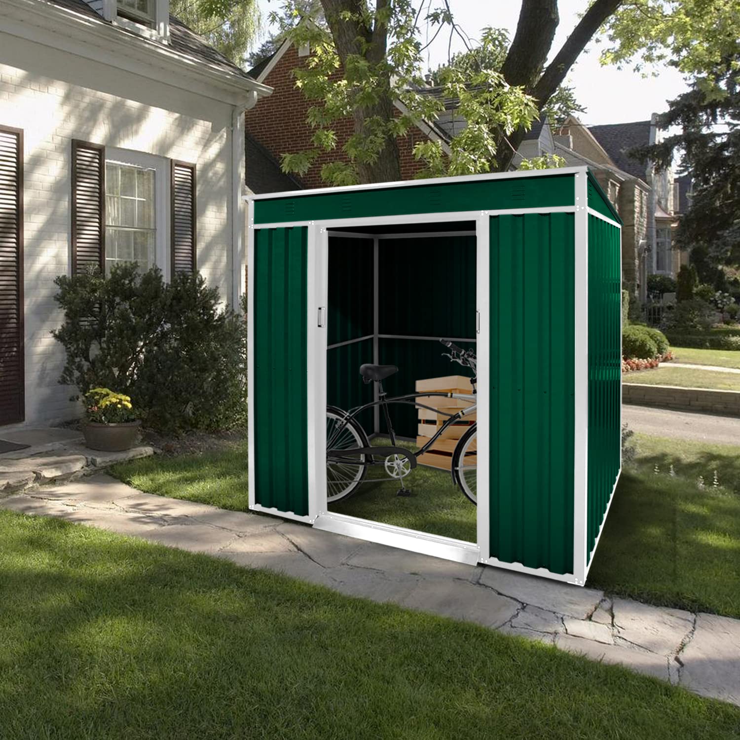 Oakmont Outdoor 4' × 6' Storage Shed Walk-in Garden Tool House with Double Sliding Doors, Yard Lawn (Green)