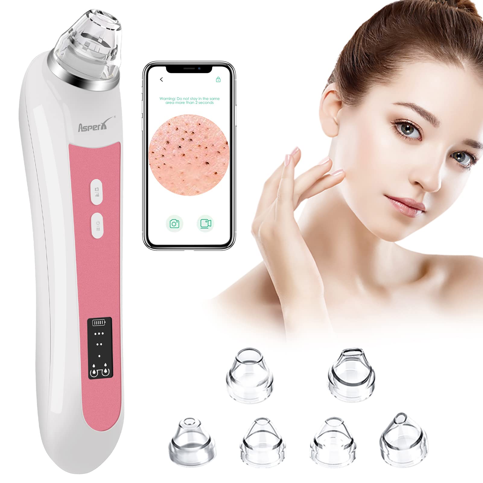 Blackhead Remover Pore Vacuum, AsperX WiFi Visible Facial Pore Cleaner Pimple Sucker with HD Camera Acne Comedone Extractor with 6 Suction Heads Electric Blackhead Remover Tools