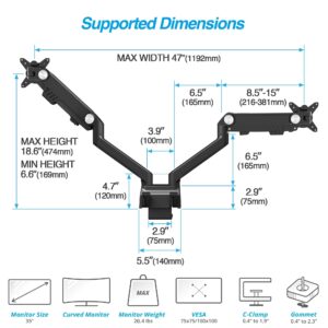 AVLT Dual 17"-35" Monitor Arm Desk Mount fits Two Flat/Curved Monitor Full Motion Height Swivel Tilt Rotation Adjustable Monitor Arm - VESA/C-Clamp/Grommet/Cable Management - Black