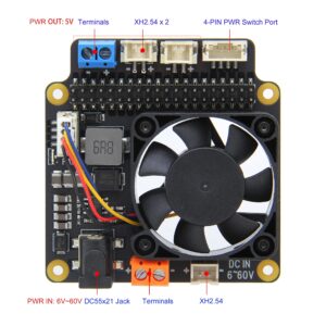 Geekworm for Raspberry Pi 5/4B/3B+/3B X715 V1.0 Power Management & PWM Cooling Board with Wide Voltage Input (6V~60V) Compatible with Raspberry Pi 5/4B/3B+/3B/3A+