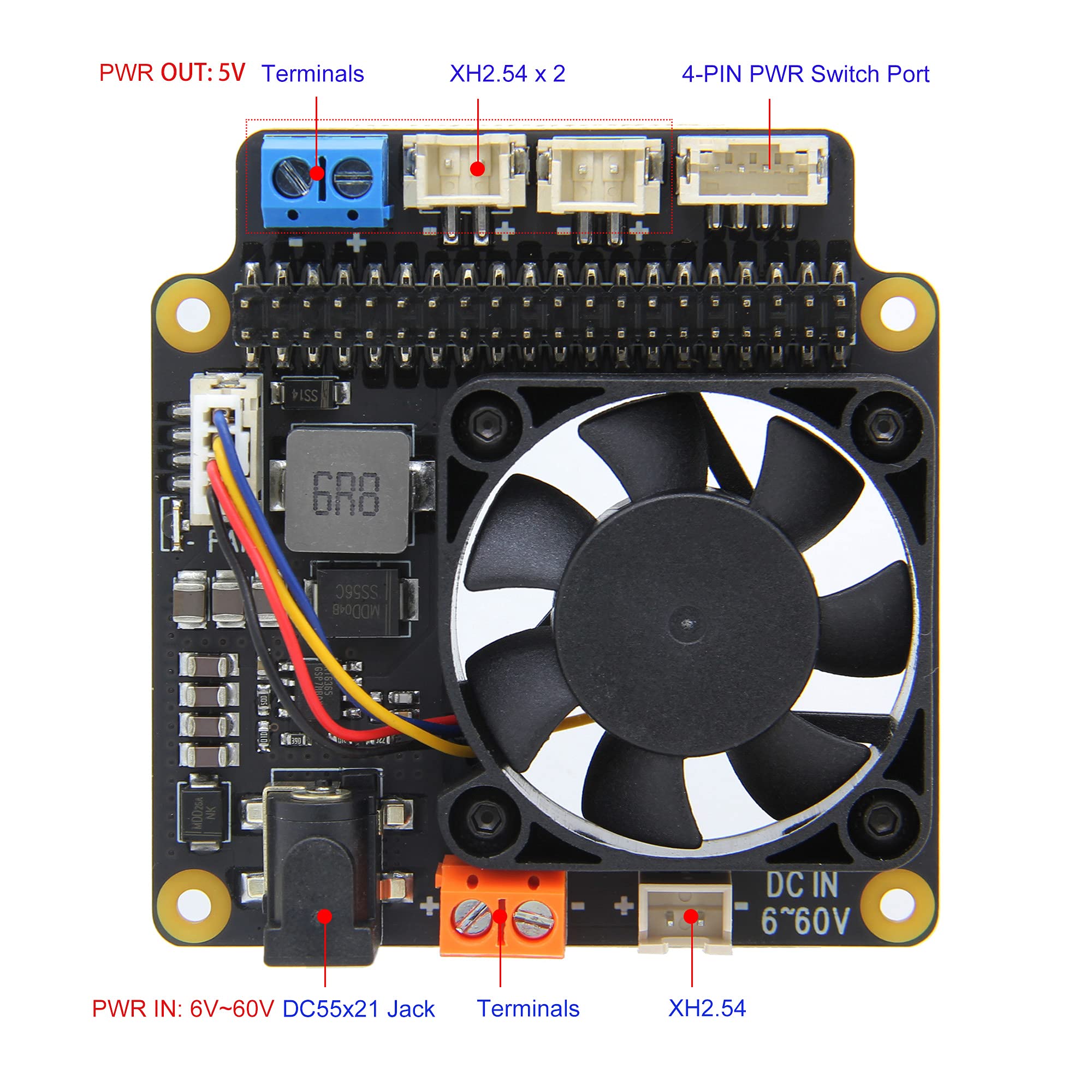 Geekworm for Raspberry Pi 5/4B/3B+/3B X715 V1.0 Power Management & PWM Cooling Board with Wide Voltage Input (6V~60V) Compatible with Raspberry Pi 5/4B/3B+/3B/3A+