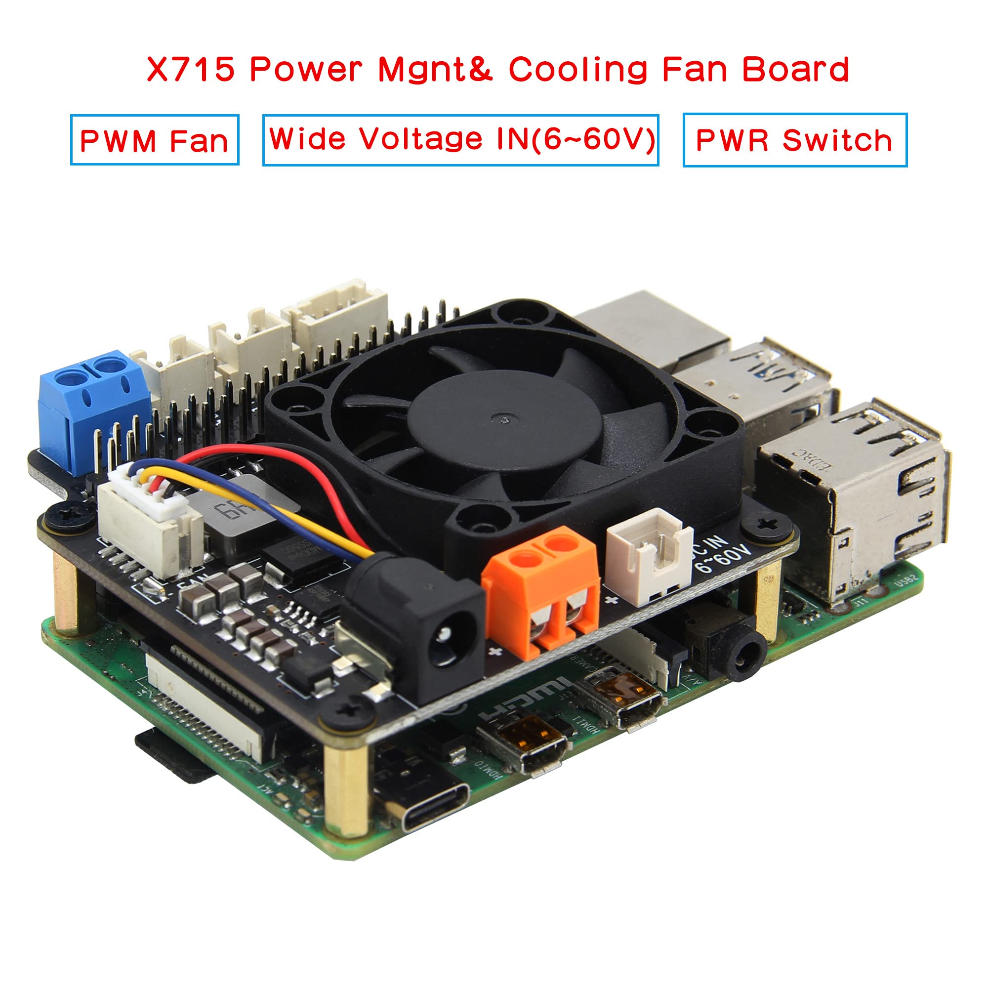 Geekworm for Raspberry Pi 5/4B/3B+/3B X715 V1.0 Power Management & PWM Cooling Board with Wide Voltage Input (6V~60V) Compatible with Raspberry Pi 5/4B/3B+/3B/3A+