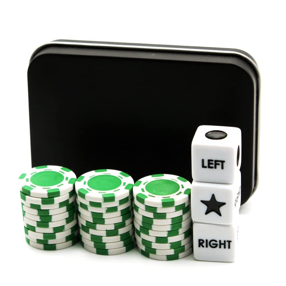 Annietfr Upgrade Left Right Center Dice Game Set with 3 Dices + 30pcs 4cm Green Poker Chips + Black Storage Carry Tin (Green)