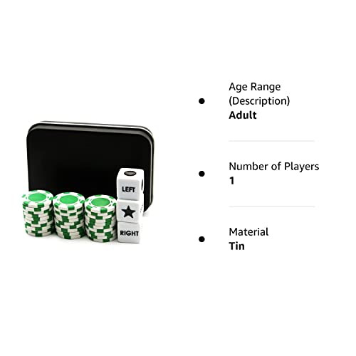 Annietfr Upgrade Left Right Center Dice Game Set with 3 Dices + 30pcs 4cm Green Poker Chips + Black Storage Carry Tin (Green)