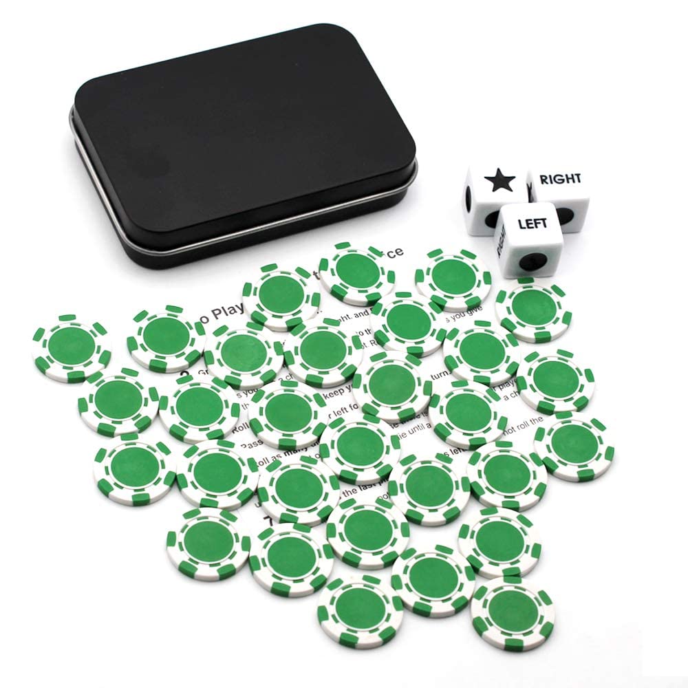 Annietfr Upgrade Left Right Center Dice Game Set with 3 Dices + 30pcs 4cm Green Poker Chips + Black Storage Carry Tin (Green)