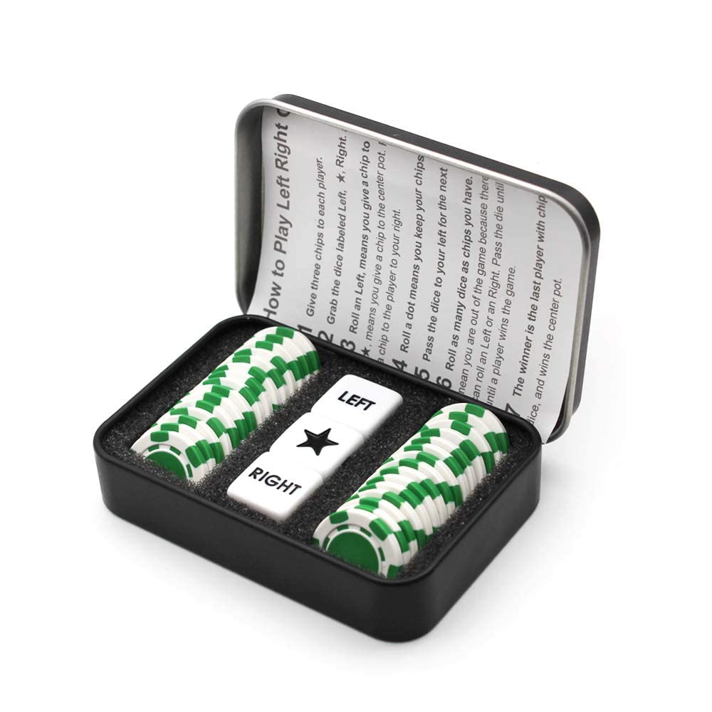 Annietfr Upgrade Left Right Center Dice Game Set with 3 Dices + 30pcs 4cm Green Poker Chips + Black Storage Carry Tin (Green)