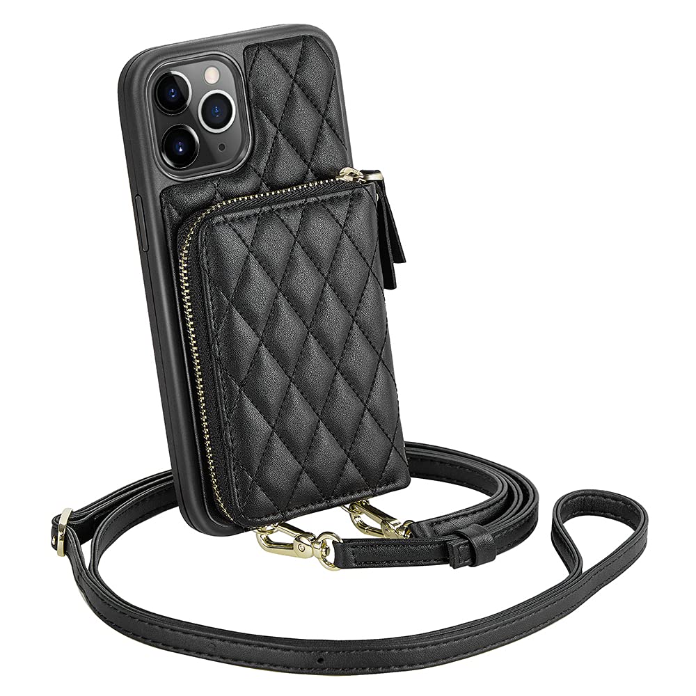 LAMEEKU for iPhone 11 Pro Max Wallet Case, Card Holder Case Quilted Leather Crossbody Wallet Case for Women with Wrist Strap Shockproof Case Compatible with iPhone 11 Pro Max, 6.5 Inch-Black