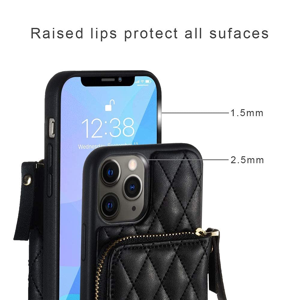 LAMEEKU for iPhone 11 Pro Max Wallet Case, Card Holder Case Quilted Leather Crossbody Wallet Case for Women with Wrist Strap Shockproof Case Compatible with iPhone 11 Pro Max, 6.5 Inch-Black