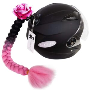 3t-sister helmet pigtails pink rose helmet braids ponytail helmet hair with suction cup for motor bike 1pcs 24inch ombre black to pink (helmet not included)