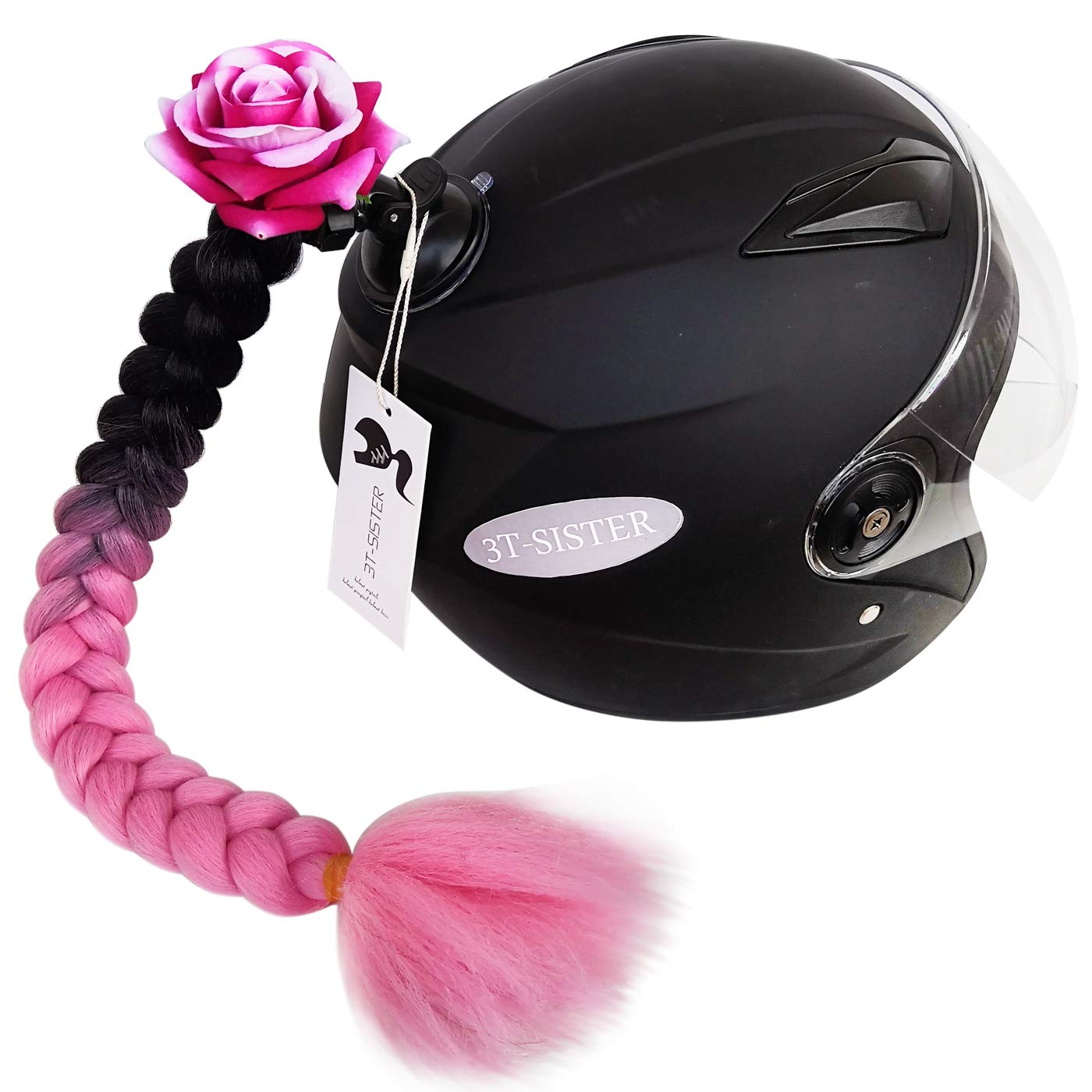 3T-SISTER Helmet Pigtails Pink Rose Helmet Braids Ponytail Helmet Hair with Suction Cup for Motor Bike 1PCS 24inch Ombre Black to Pink (Helmet not Included)