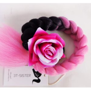 3T-SISTER Helmet Pigtails Pink Rose Helmet Braids Ponytail Helmet Hair with Suction Cup for Motor Bike 1PCS 24inch Ombre Black to Pink (Helmet not Included)