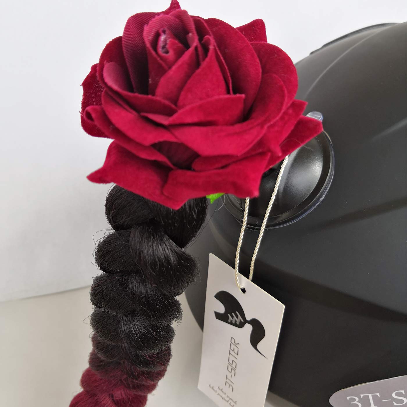 3T-SISTER Helmet Pigtails Wine Red Rose Helmet Braids Ponytail Helmet Hair with Suction Cup for Motor Bike 1PCS 24inch Ombre Black to Wine Red (Helmet not Included)