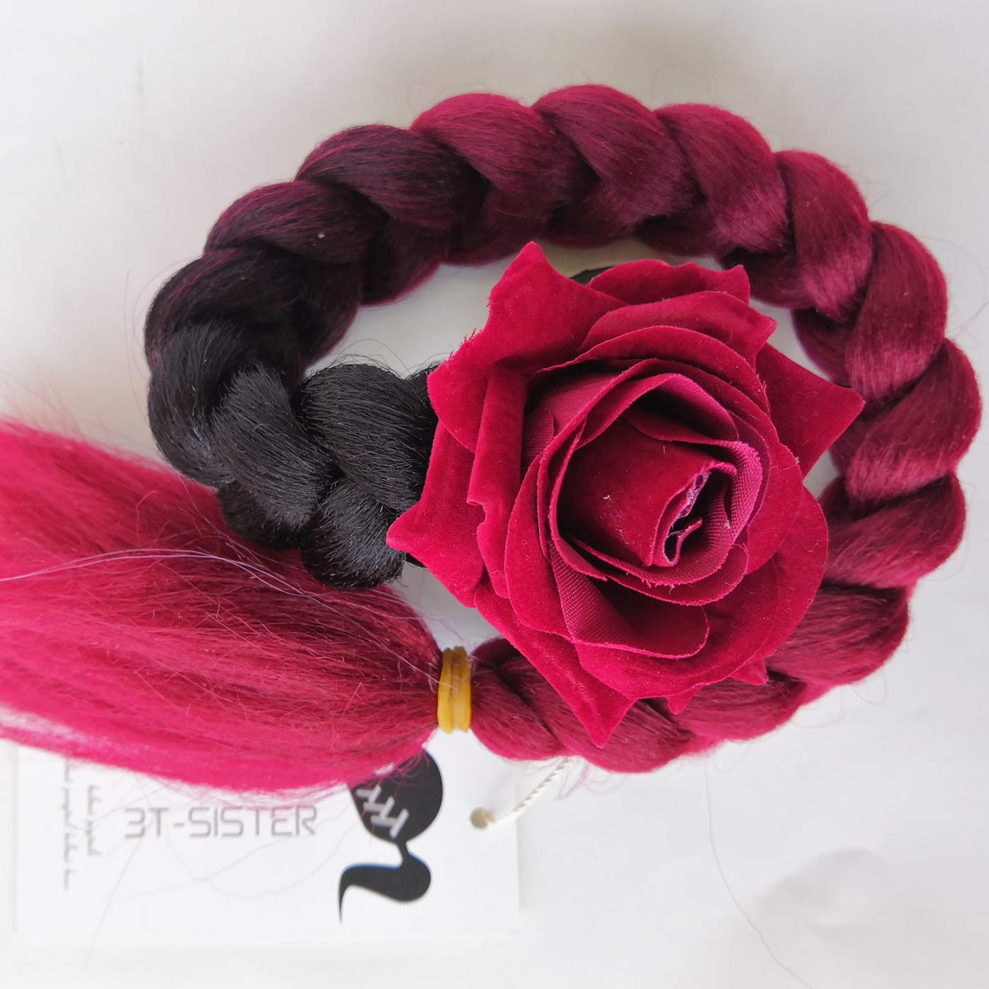 3T-SISTER Helmet Pigtails Wine Red Rose Helmet Braids Ponytail Helmet Hair with Suction Cup for Motor Bike 1PCS 24inch Ombre Black to Wine Red (Helmet not Included)