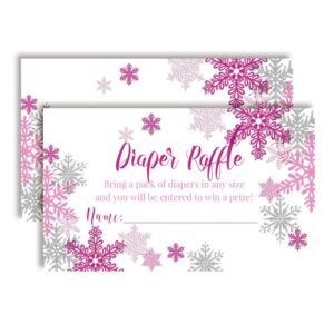 pink and silver snowflake diaper raffle tickets for girl baby showers, 20 2" x 3” double sided insert cards for games by amandacreation, bring a pack of diapers to win favors & prizes!