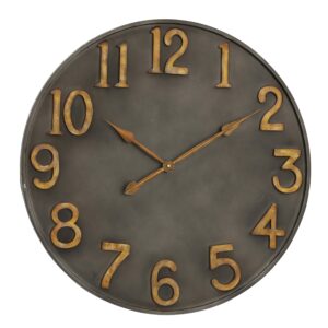 WHW Whole House Worlds Industrial Modern Wall Clock, Pewter Grey Metal, Antique Gold Numerals, Quartz Movement, 30 Inches Diameter, Oversized