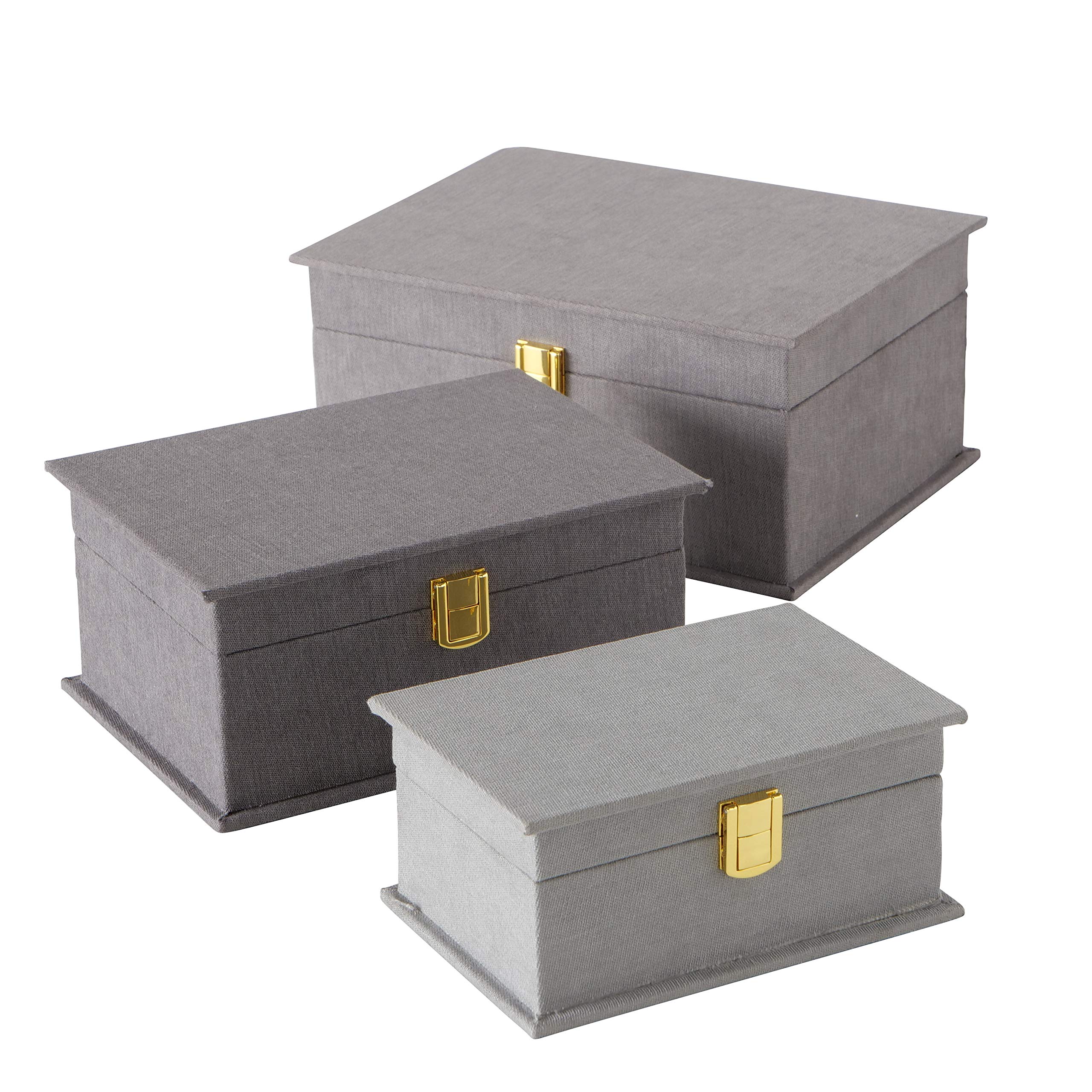 WHW Whole House Worlds Grey Flannel Boxes, Set of 3, Grey, Gold Flip Latch Locks, Table Top, Lined, Organizers, Wood, 10.25 x 7.75, 8.75 x 6.25, and 7 x 4.75 Inches