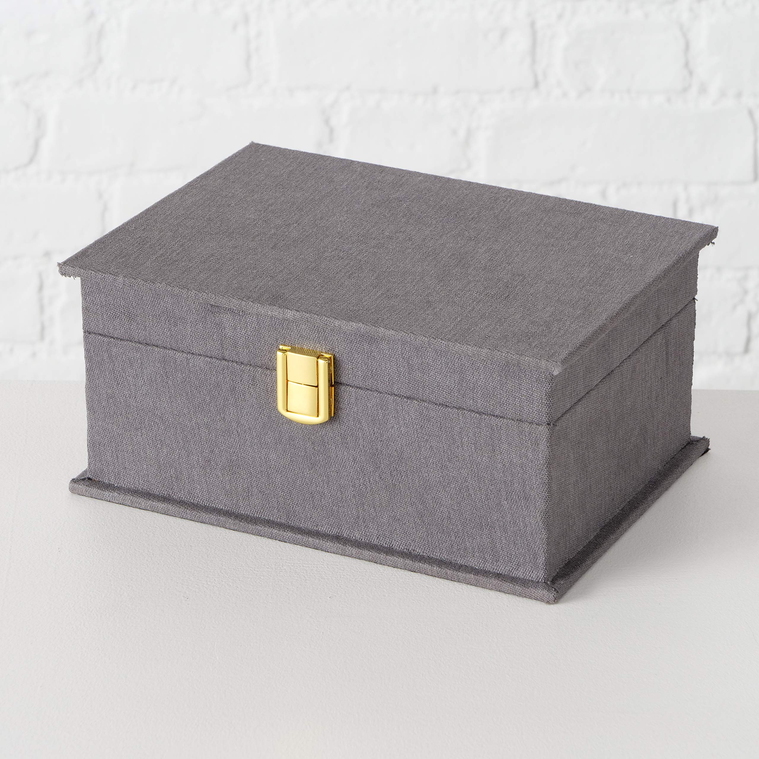 WHW Whole House Worlds Grey Flannel Boxes, Set of 3, Grey, Gold Flip Latch Locks, Table Top, Lined, Organizers, Wood, 10.25 x 7.75, 8.75 x 6.25, and 7 x 4.75 Inches