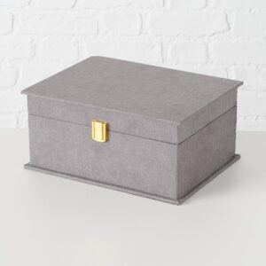 WHW Whole House Worlds Grey Flannel Boxes, Set of 3, Grey, Gold Flip Latch Locks, Table Top, Lined, Organizers, Wood, 10.25 x 7.75, 8.75 x 6.25, and 7 x 4.75 Inches