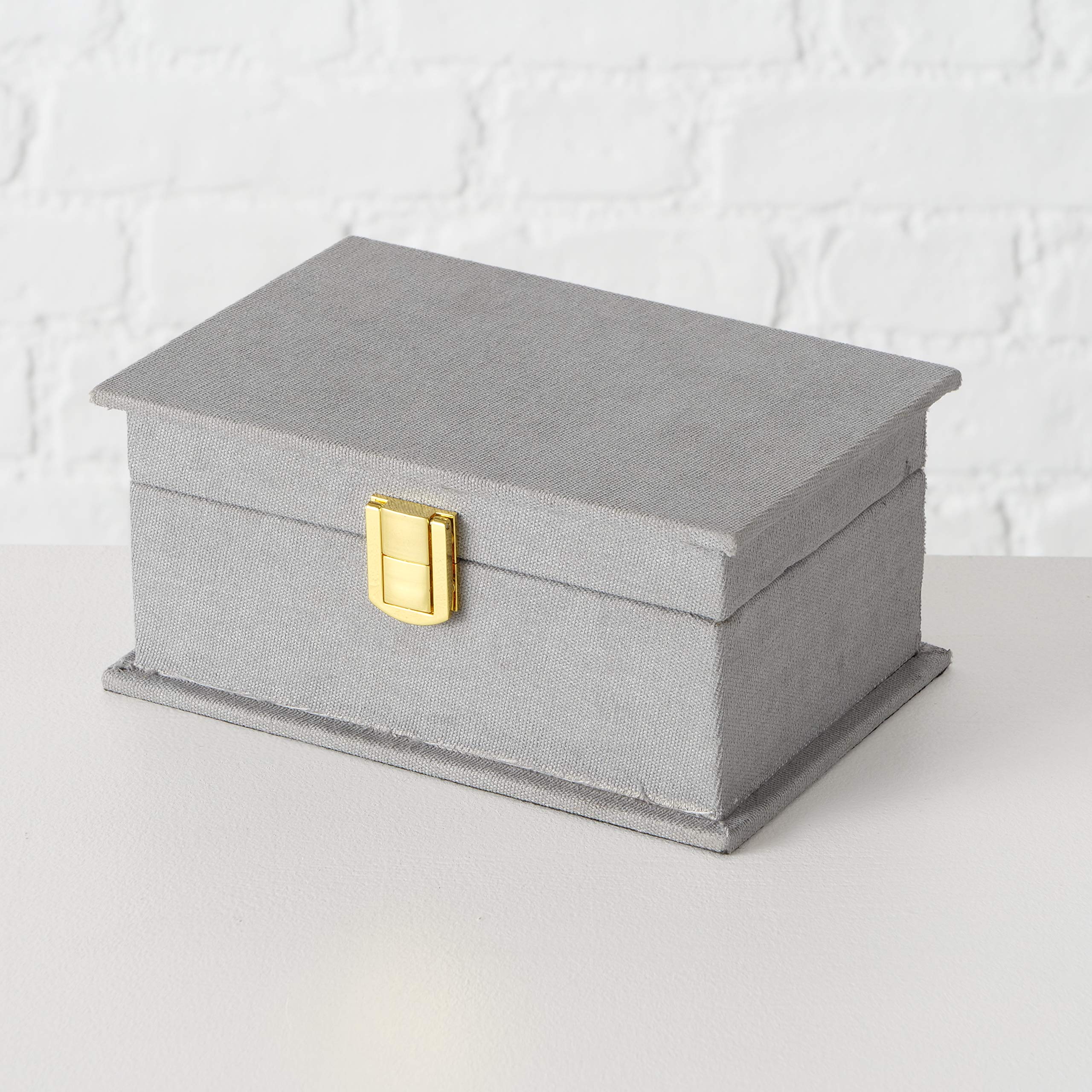 WHW Whole House Worlds Grey Flannel Boxes, Set of 3, Grey, Gold Flip Latch Locks, Table Top, Lined, Organizers, Wood, 10.25 x 7.75, 8.75 x 6.25, and 7 x 4.75 Inches