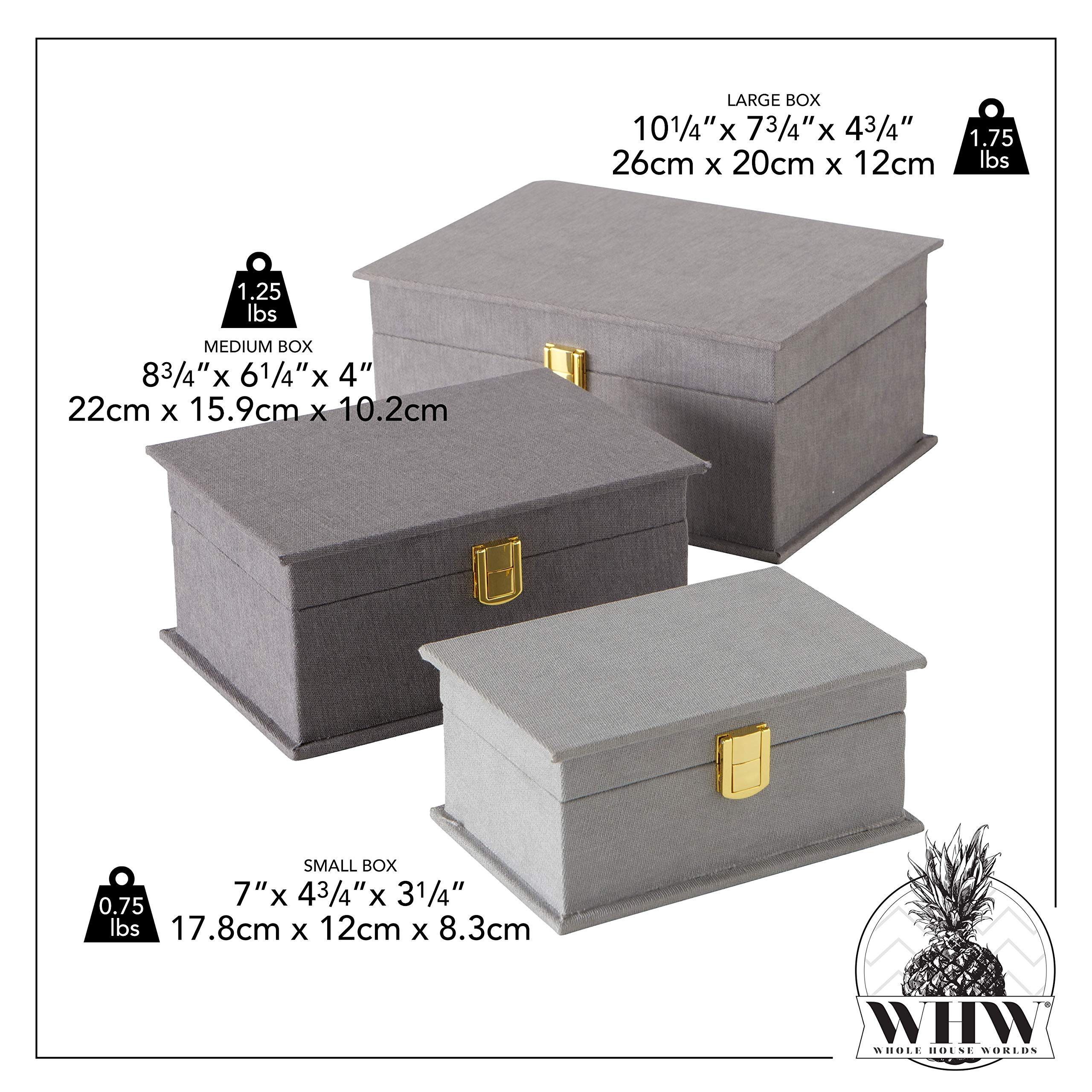 WHW Whole House Worlds Grey Flannel Boxes, Set of 3, Grey, Gold Flip Latch Locks, Table Top, Lined, Organizers, Wood, 10.25 x 7.75, 8.75 x 6.25, and 7 x 4.75 Inches