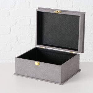 WHW Whole House Worlds Grey Flannel Boxes, Set of 3, Grey, Gold Flip Latch Locks, Table Top, Lined, Organizers, Wood, 10.25 x 7.75, 8.75 x 6.25, and 7 x 4.75 Inches