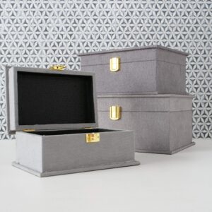 WHW Whole House Worlds Grey Flannel Boxes, Set of 3, Grey, Gold Flip Latch Locks, Table Top, Lined, Organizers, Wood, 10.25 x 7.75, 8.75 x 6.25, and 7 x 4.75 Inches